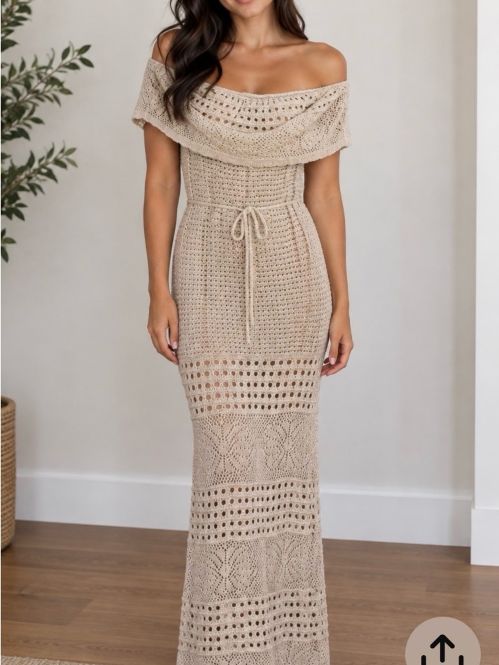 Off-Shoulder Crochet Maxi Dress in Tan